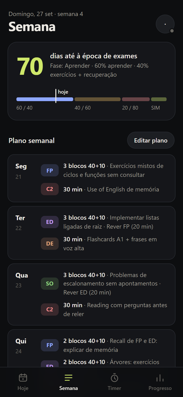 Separador Semana com fases e plano semanal